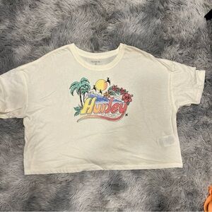 Hurley Women’s Cropped Tee Shirt Size Large  Cream White Tropical Print